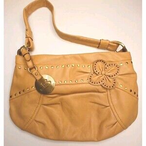 B Makowsky Rare Tan SOFT Leather Shoulder Handbag Boho Flower Stud Detail EUC